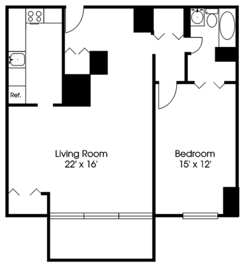 Floor plan for 1 bed, 1 bath, 847 sqft